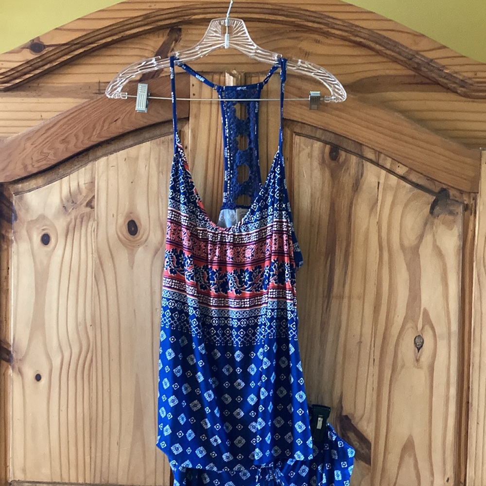 In Bloom Blue Printed Racerback Jumpsuit with Pink and White Accents - Picture 2 of 8